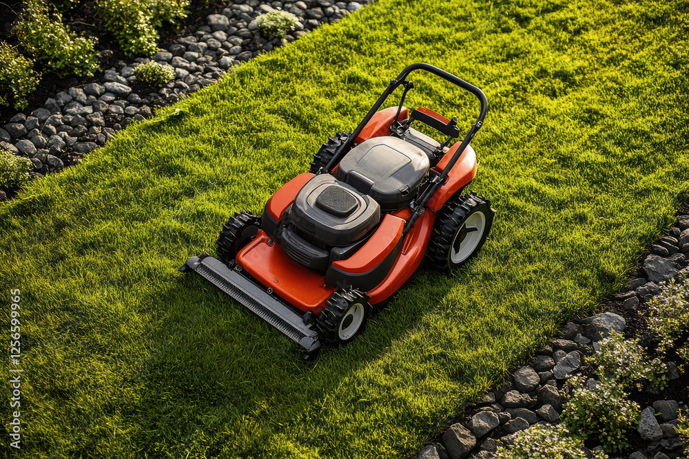 Lawnmower cutting grass in a well-maintained garden on a sunny day Lawnmower cutting grass in a well-maintained garden on a sunny day