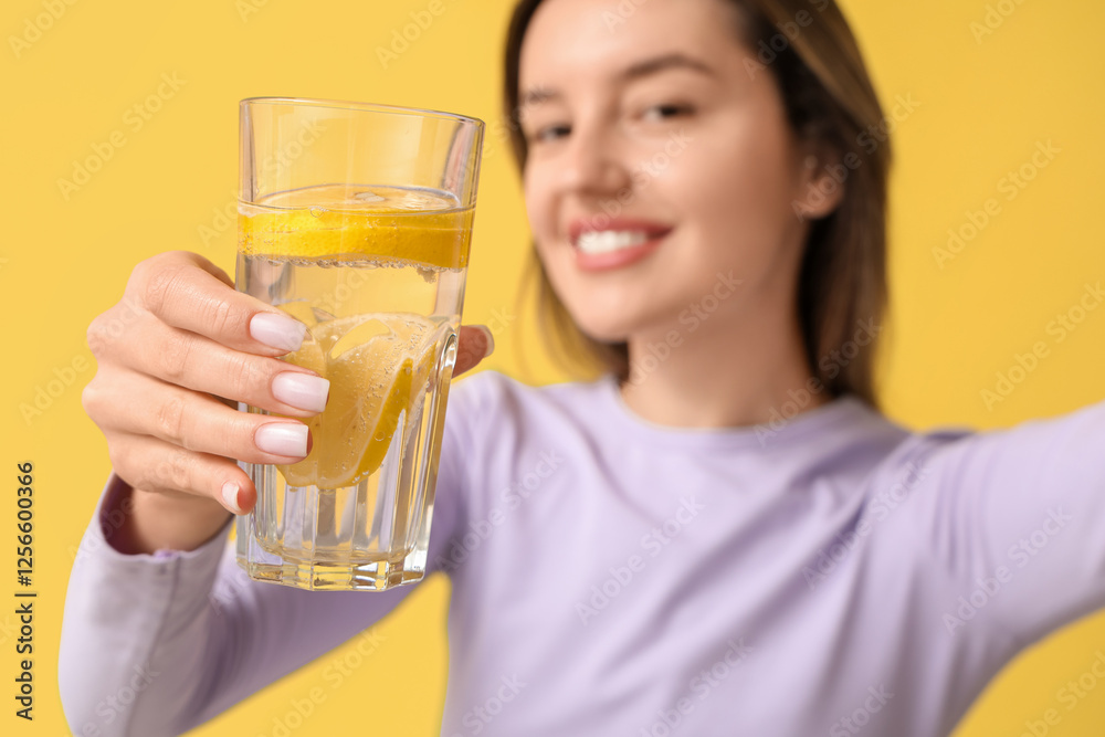 Beautiful young woman with glass of lemon infused water on yellow background, closeup Beautiful young woman with glass of lemon infused water on yellow background, closeup