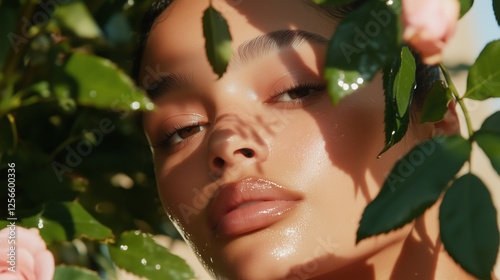 Rose Garden Beauty: A close-up portrait of a young woman, bathed in natural light, framed by lush green leaves and delicate pink rosebuds.
