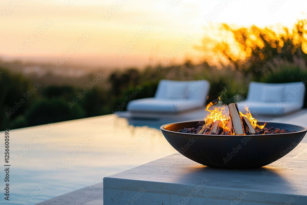 Outdoor pool area with modern furniture and firepit Outdoor pool area with modern furniture and firepit