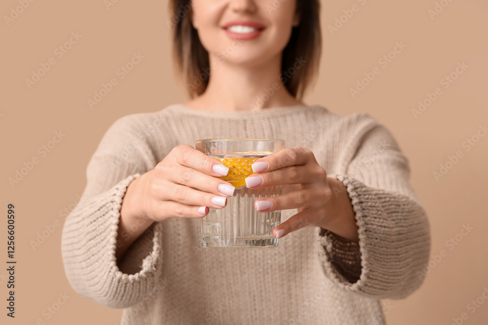 Young woman with glass of lemon infused water on beige background, closeup Young woman with glass of lemon infused water on beige background, closeup
