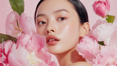 Floral Radiance: A captivating portrait of a young woman with flawless skin and a radiant glow, surrounded by delicate pink peonies, symbolizing beauty, purity, and fresh bloom.