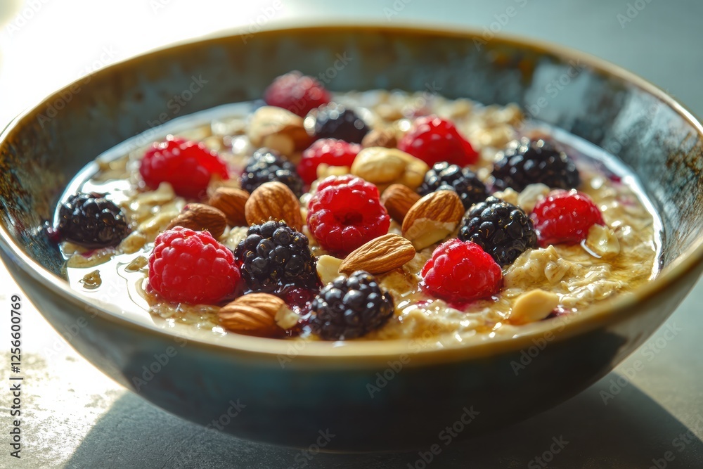 Oatmeal porridge topped with fresh berries, nuts, and honey served in a rustic bowl Oatmeal porridge topped with fresh berries, nuts, and honey served in a rustic bowl