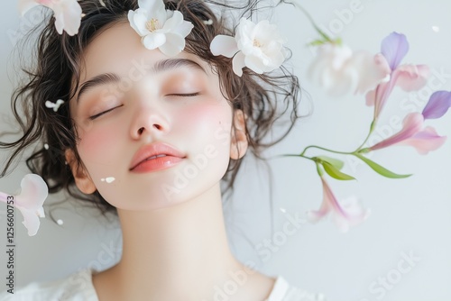 Serene Beauty in Bloom: A woman with delicate features and flowing dark hair adorned with white and purple blossoms, exudes an aura of peace and tranquility.