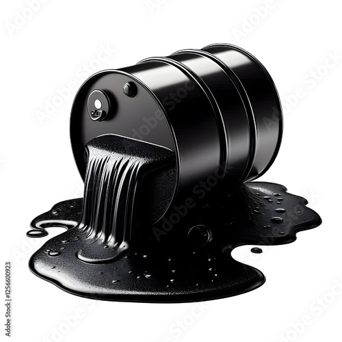 Black oil or petroleum spilled leaking from a black barrel, environmental pollution concept isolate on White background