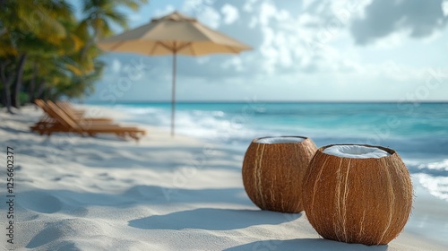 Wallpaper Mural Two coconut bowls on a sandy beach with sun loungers and an umbrella under a bright sky Torontodigital.ca