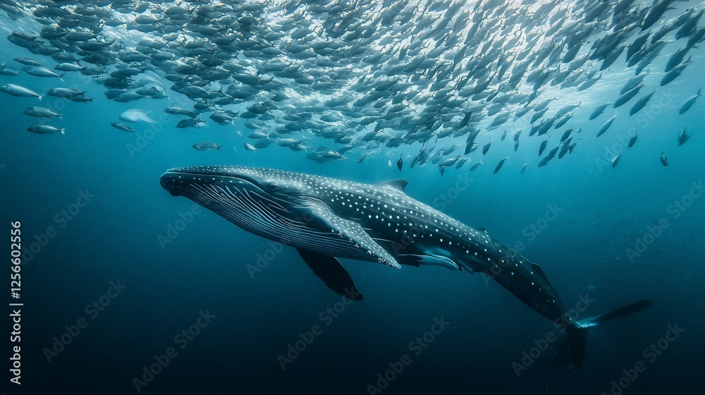 Fototapeta premium Majestic Whale and Fish School Underwater