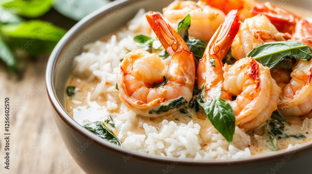 Image of rice and creamy coconut curry with shrimp in a deep bowl, emphasizing creamy and exotic flavors. Ideal for Thai cuisine and seafood lovers. Image of rice and creamy coconut curry with shrimp in a deep bowl, emphasizing creamy and exotic flavors. Ideal for Thai cuisine and seafood lovers.