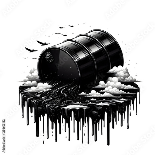 Black oil or petroleum spilled leaking from a black barrel, environmental pollution concept isolate on White background