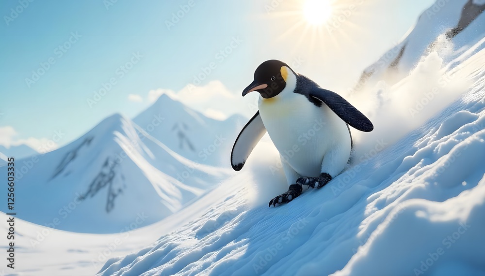 Obraz premium Penguin Skiing Down Snowy Mountain Slope on Sunny Day