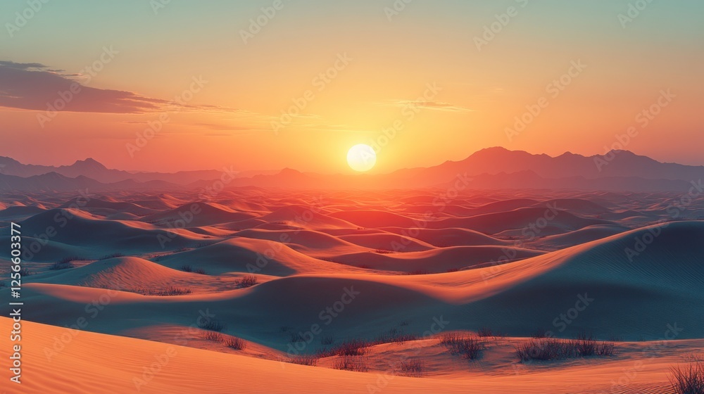 Fototapeta premium Serene sunset over rolling sand dunes with mountains in the background, evoking tranquility and nature