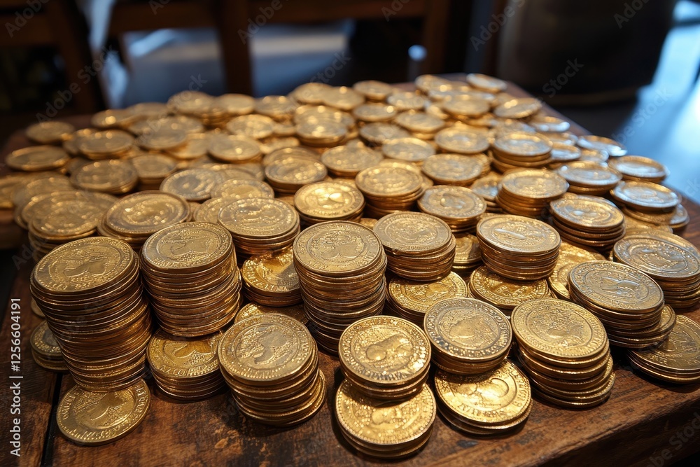 Images of stacked golden coins on a table and people saving money in a bank Images of stacked golden coins on a table and people saving money in a bank