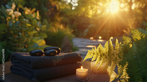 Serene Sunset Spa Setting with Warm Candlelight and Smooth Stones
