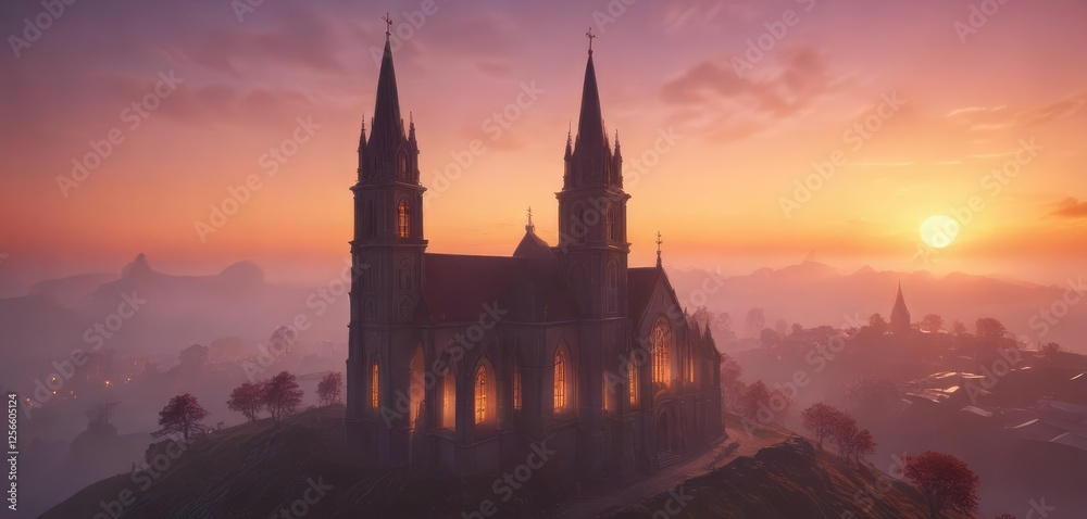Naklejka premium Five-towered church at sunset with a misty atmosphere, abandoned building, ancient church
