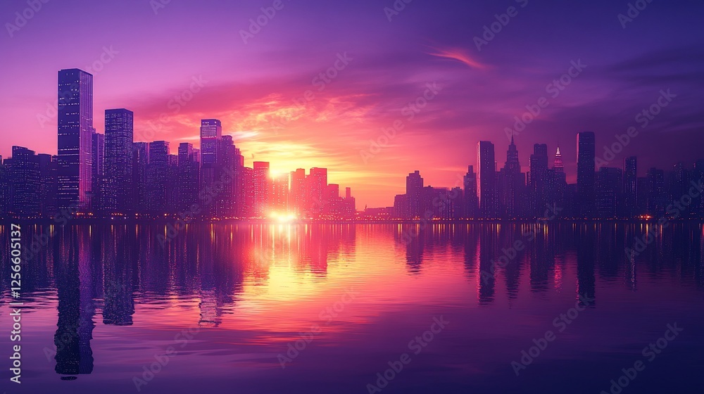 Obraz premium Cityscape Sunset Reflection: A Vibrant Urban Panorama