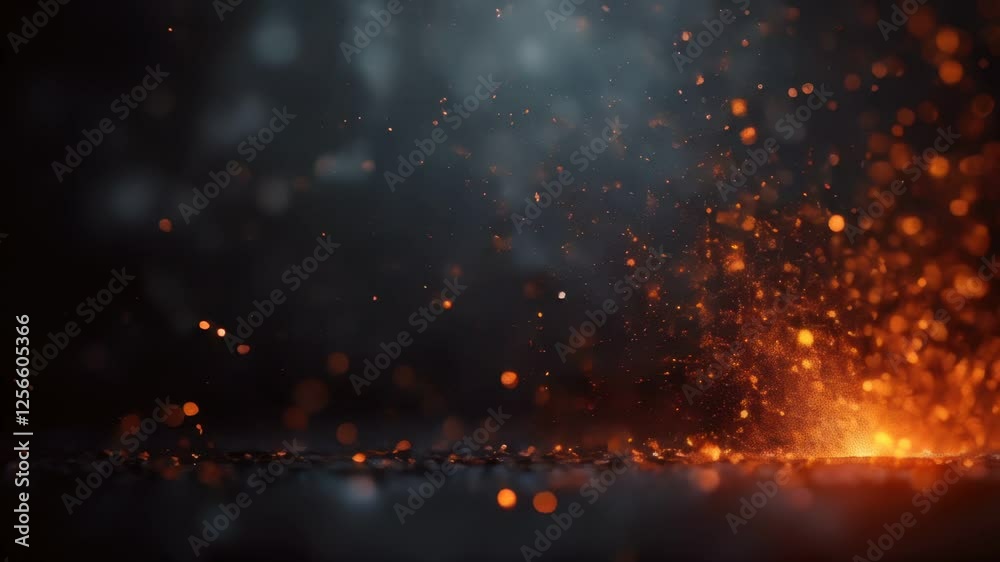 Fire burning in the dark night, with glowing sparks and embers rising ...