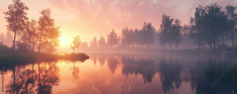 Obraz premium Tranquil sunrise over misty lake with reflective water and silhouetted trees