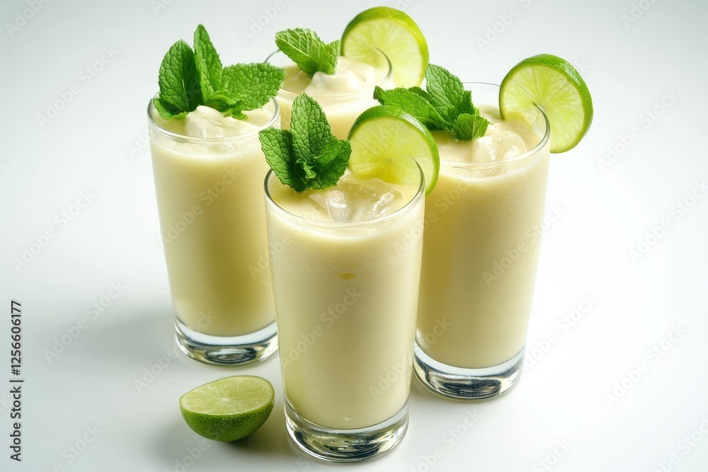 Isolated creamy lemonade or limeade with mint and lime slices on a white background Isolated creamy lemonade or limeade with mint and lime slices on a white background
