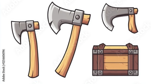 Cartoon illustration of a Viking axe set, embodying a battle weapon linked to warrior history and featuring a berserker shield. Presented as an isolated, modern icon. photo