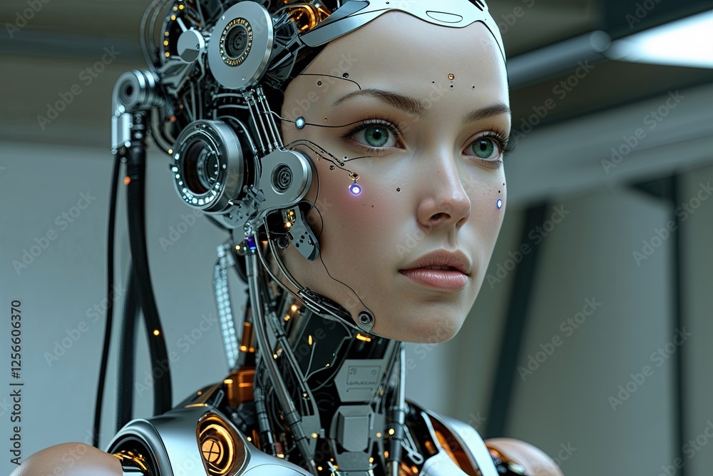 Fototapeta premium Future Female Cyborg Design Exploring Three-Dimensional Digital Mechanics and Innovation