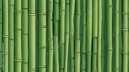 Bamboo Forest Texture: A dense stand of vibrant green bamboo stalks creates a lush, textured background, ideal for design projects requiring a natural, tranquil aesthetic.