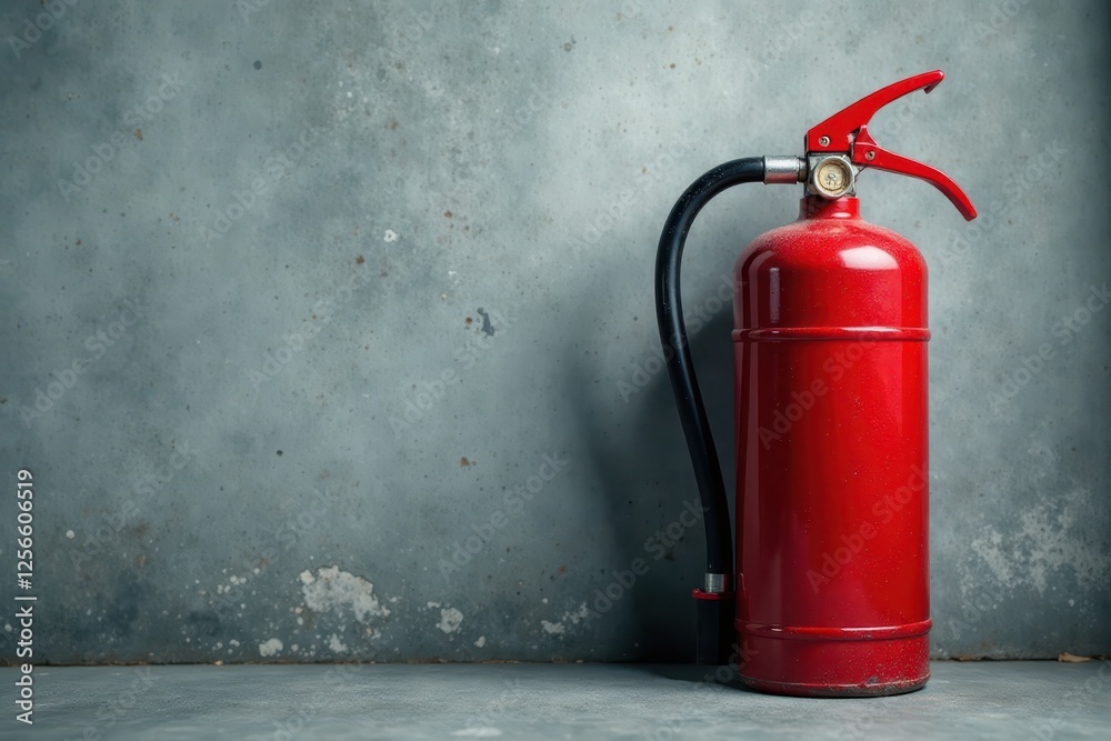 Close-up view of fire extinguisher, gritty gray wall backdrop, industrial safety equipment, red, hazard Close-up view of fire extinguisher, gritty gray wall backdrop, industrial safety equipment, red, hazard