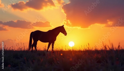 Horse silhouette against open fields, open fields, countryside, horse
