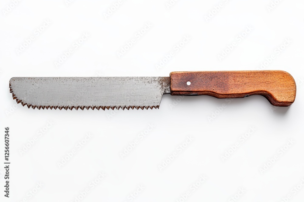 Isolated hand saw on white surface Hacksaw on wood bird s eye view Isolated hand saw on white surface Hacksaw on wood bird s eye view