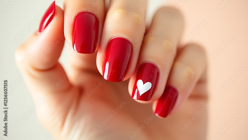 Close-up of elegant, minimalist nail art featuring small red hearts Close-up of elegant, minimalist nail art featuring small red hearts