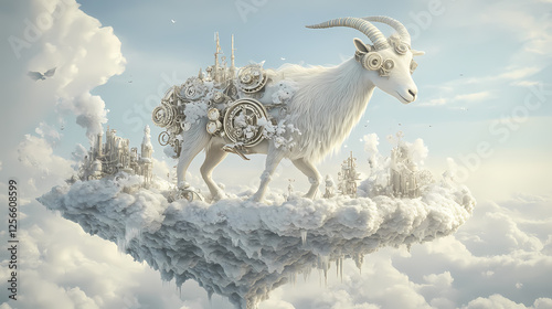 White goat with steampunk gear on snowy floating island against pale sky. Steampunk Sky Islands. Illustration photo