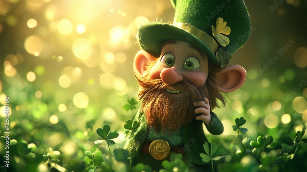 Charming leprechaun character surrounded by clovers in a whimsical forest setting Charming leprechaun character surrounded by clovers in a whimsical forest setting