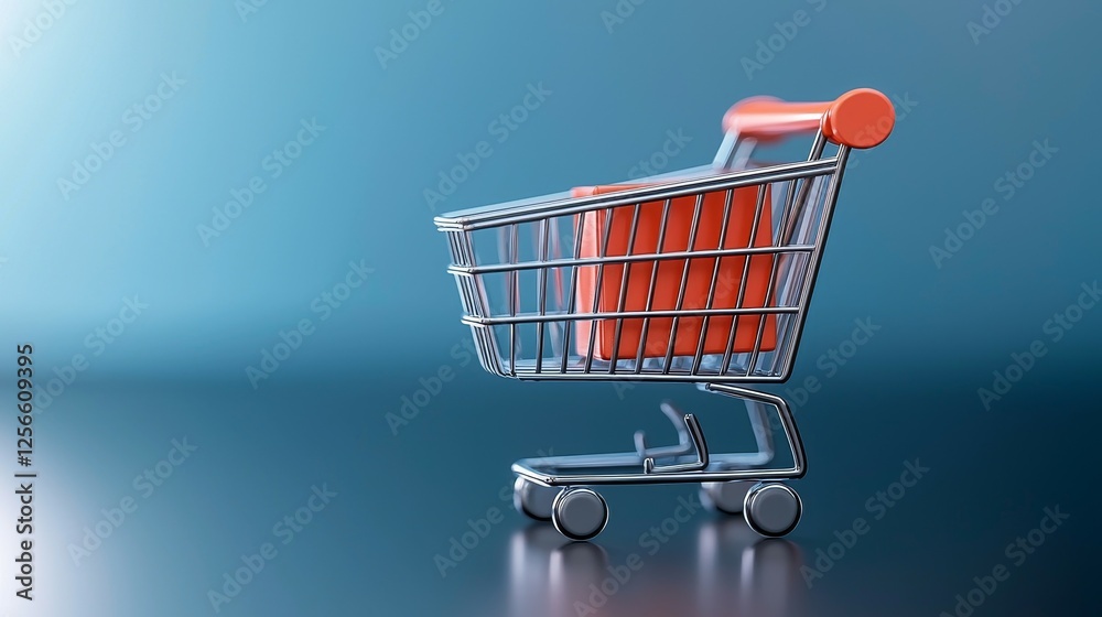 marketing and icon concept. Shopping cart with red items on a blue background, symbolizing retail and consumerism. marketing and icon concept. Shopping cart with red items on a blue background, symbolizing retail and consumerism.