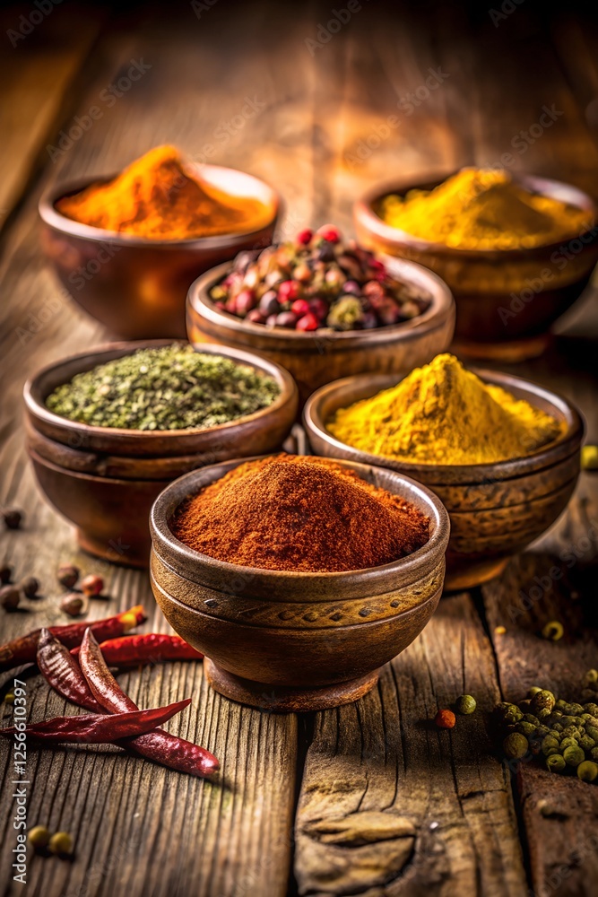 A Stunning Rustic Ceramic Bowl of Ground and Whole Spices on Textured Wood, Captured in 4K with a Warm and Authentic Atmosphere A Stunning Rustic Ceramic Bowl of Ground and Whole Spices on Textured Wood, Captured in 4K with a Warm and Authentic Atmosphere
