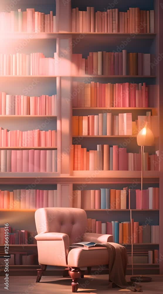 The library room is neat and clean, with tall wooden shelves filled with colorful books The library room is neat and clean, with tall wooden shelves filled with colorful books