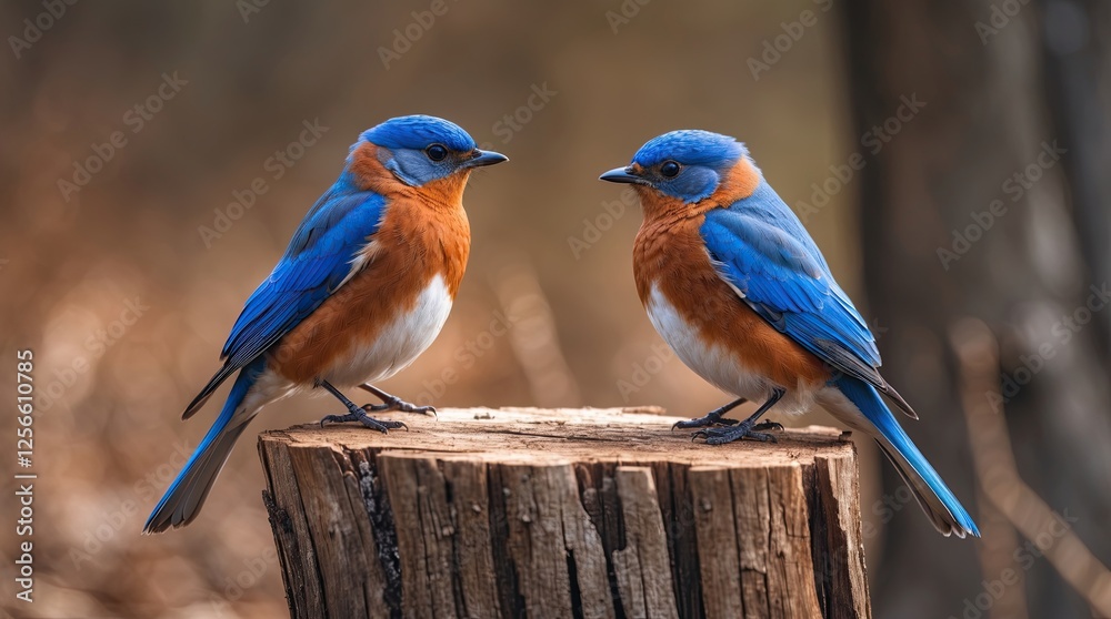 Obraz premium Adorable Bluebirds Facing Each Other on a Tree Stump in a Natural Woodland Setting