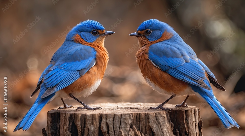 Obraz premium Pair of Bluebirds Perched on a Tree Stump with Warm, Natural Background
