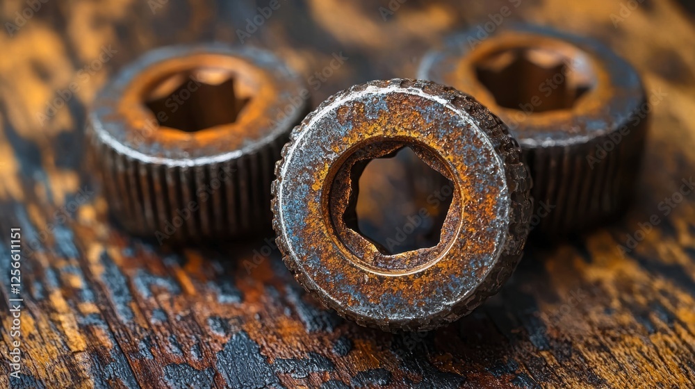 Three rusted hex nuts on a textured wooden surface. Three rusted hex nuts on a textured wooden surface.