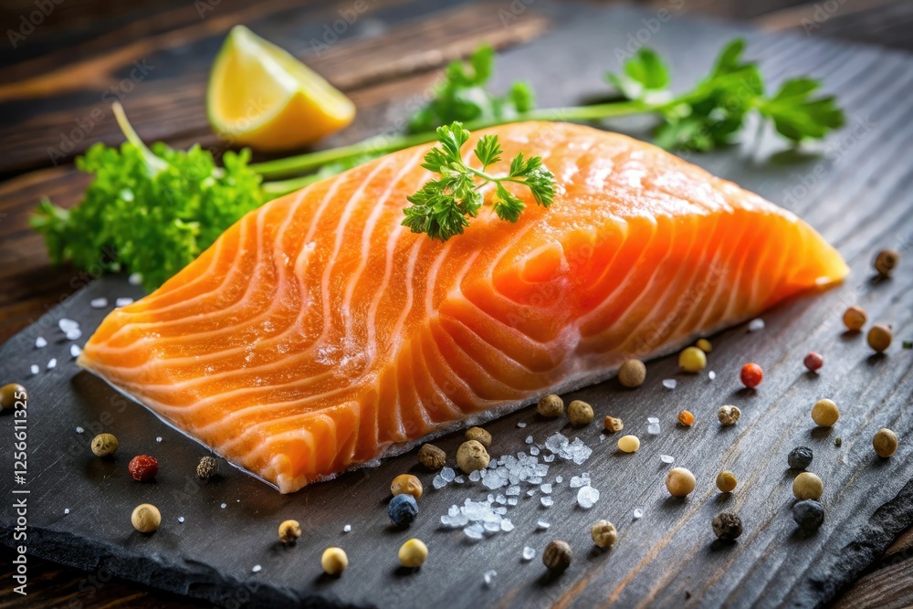 Fresh salmon fillet with visible slime coating its surface, seafood, marine biology, fish oils, scale texture Fresh salmon fillet with visible slime coating its surface, seafood, marine biology, fish oils, scale texture