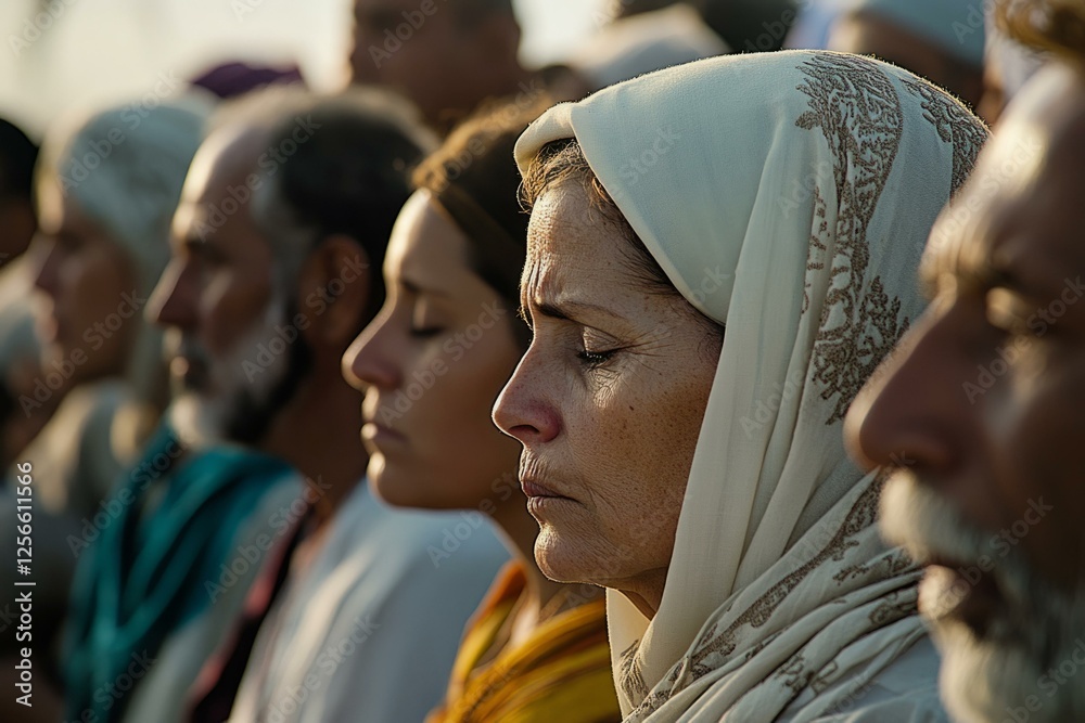 Fototapeta premium Group of Muslim individuals in peaceful prayer during namaz, embracing spirituality and community connection.