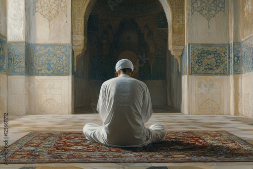  Muslim man in traditional attire praying on ornate rug inside a beautifully decorated mosque interior photo