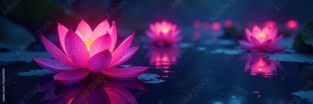Neon lotus blossoms illuminate dark water, magical glow , energy, water Neon lotus blossoms illuminate dark water, magical glow , energy, water