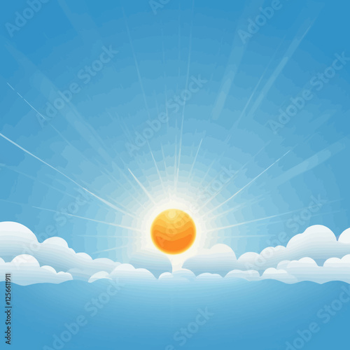 Sunrise's Radiant Embrace: A brilliant sun radiates through a sky dotted with fluffy clouds, casting a glow of serenity and fresh beginnings.