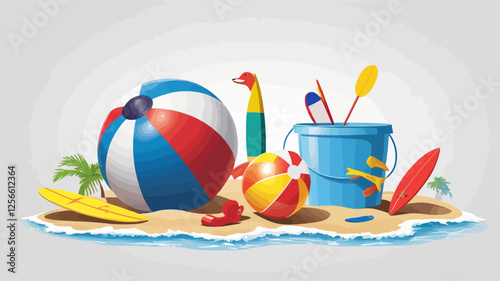 Summer Fun Beach: A colorful array of beach essentials including a beach ball, bucket, surfboards, and other elements capture the essence of the summer season. This image evokes a sense of relaxation.
