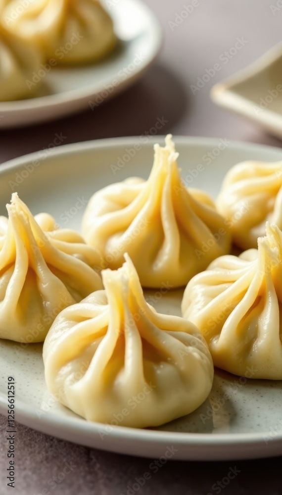 Steamed dumplings, delicate pleats, white background, white, macro Steamed dumplings, delicate pleats, white background, white, macro