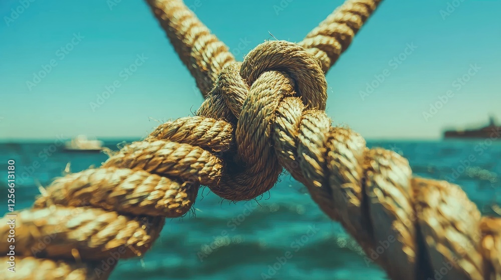 Fototapeta premium Ocean ropes knot, sea background, summer, teamwork concept
