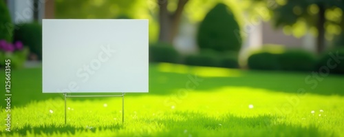 Blank yard sign, vibrant green lawn, soft focus background, background, message board, out of focus