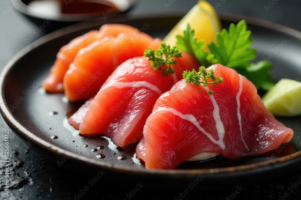 Raw fish sashimi on a platter with soy sauce and wasabi , Japanese, platter Raw fish sashimi on a platter with soy sauce and wasabi , Japanese, platter