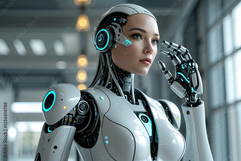Futuristic Robot Woman with Enhanced Augmented Features and Cutting-Edge Accessories Futuristic Robot Woman with Enhanced Augmented Features and Cutting-Edge Accessories