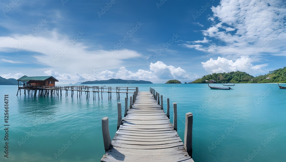 Obraz premium Serene Tropical Paradise A Tranquil Wooden Pier Leading to a Picturesque Island Hideaway