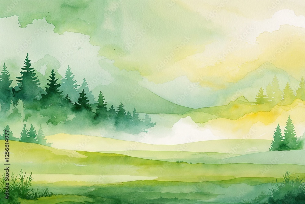 Fototapeta premium Soft Green and Creamy Yellow Watercolor Gradients for Tranquil Landscape Backgrounds